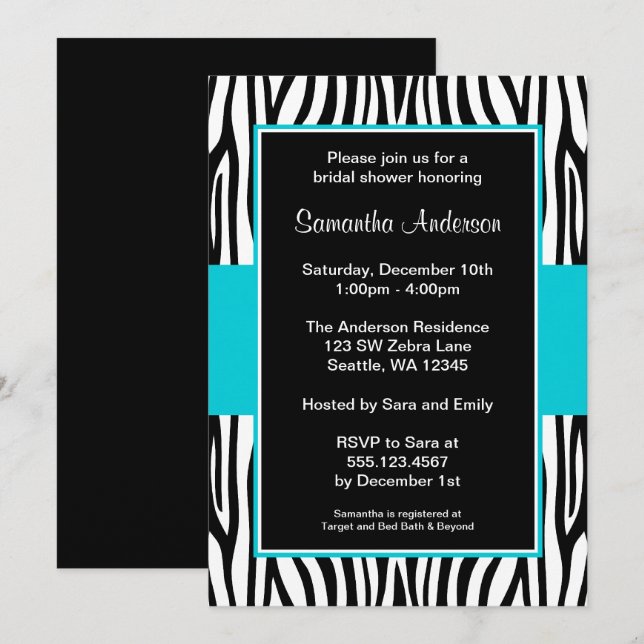 Teal Blue Zebra Bridal Shower Invitation (Front/Back)