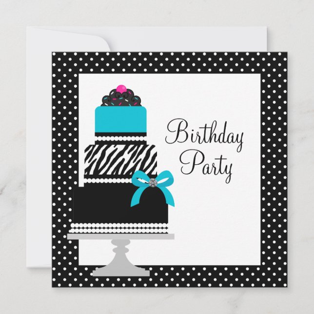 Teal Blue Zebra Cake Cupcake Birthday Party Invitation (Front)