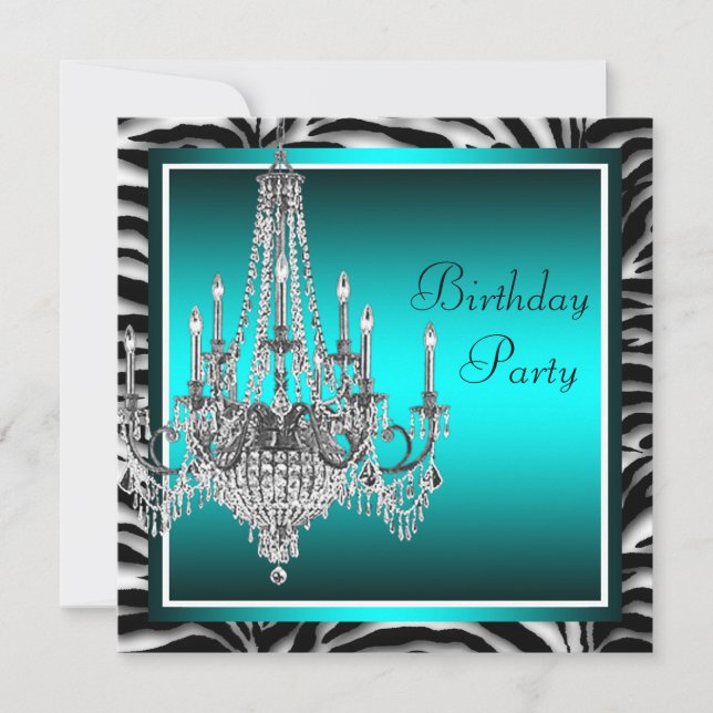 Teal Blue Zebra Chandelier Birthday Party Invitation (Front)