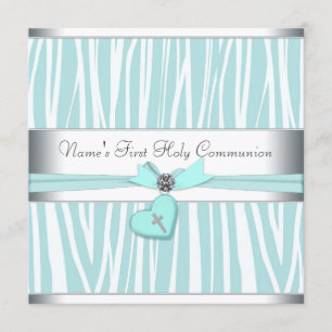 Teal Blue Zebra Cross First Communion Invitation