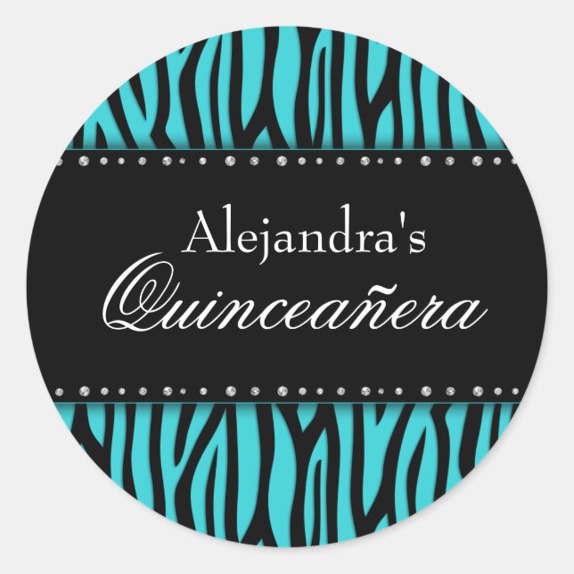 Teal Blue Zebra Diamonds Quinceanera Classic Round Sticker (Front)