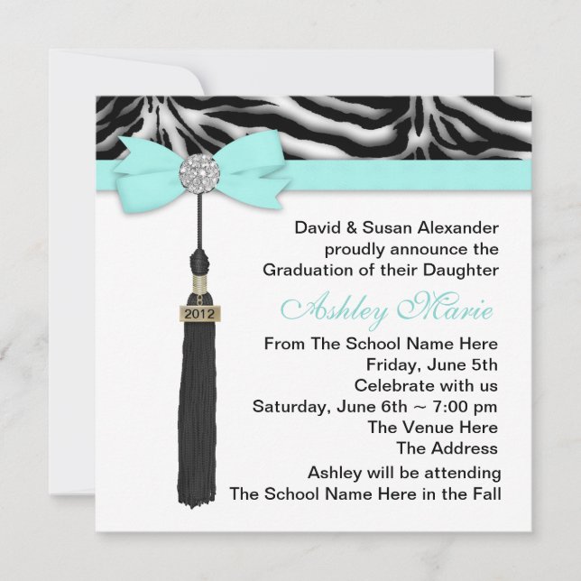 Teal Blue Zebra Graduation Announcements (Front)