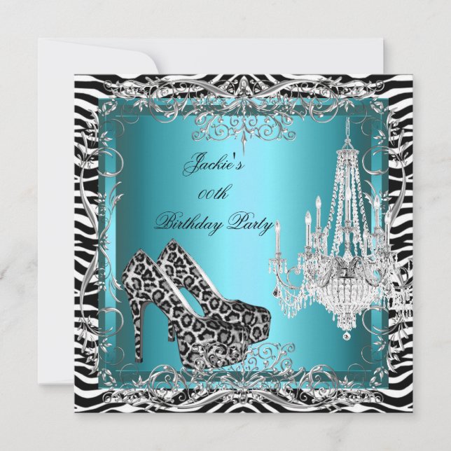 Teal Blue Zebra Leopard Print Party Shoes Invitation (Front)