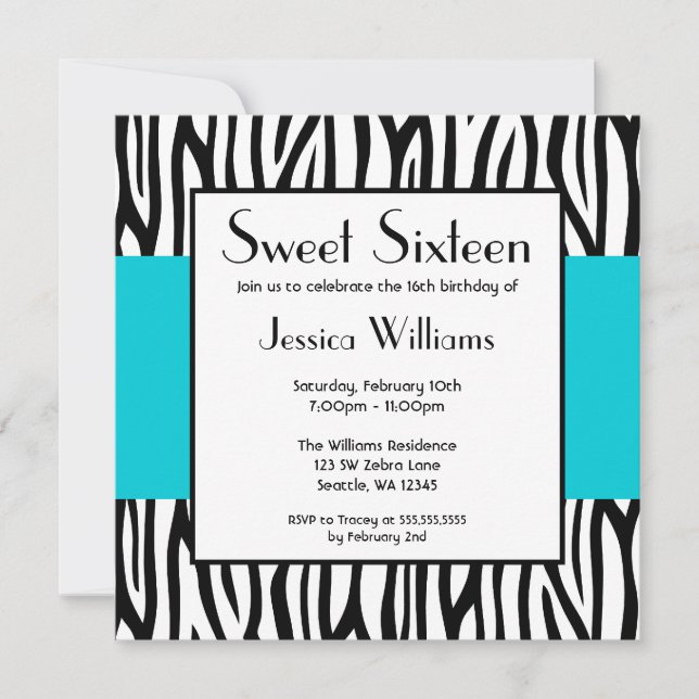 Teal Blue Zebra Modern Sweet 16 Invitations (Front)