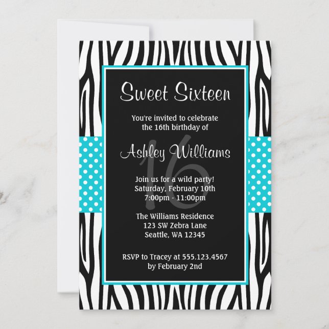 Teal Blue Zebra Polka Dot Sweet 16 Invitation (Front)