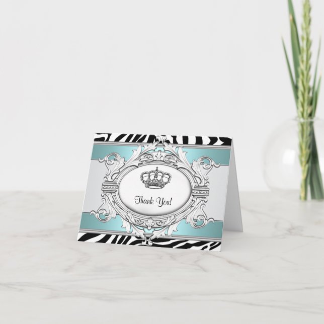 Teal Blue Zebra Princess Thank You Card (Front)