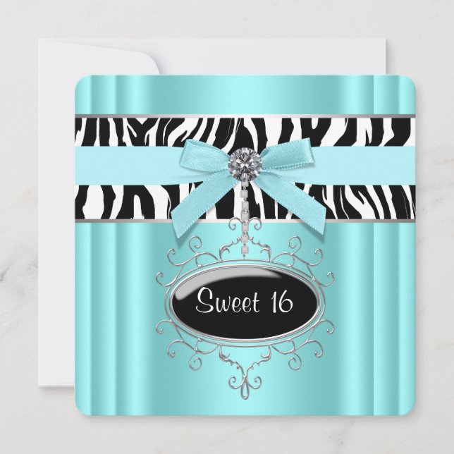 Teal Blue Zebra Sweet 16 Birthday Party Invitation (Front)