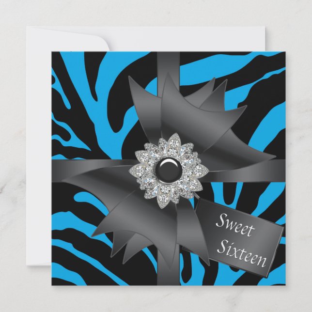 Teal Blue Zebra Sweet 16 Birthday Party Invitation (Front)