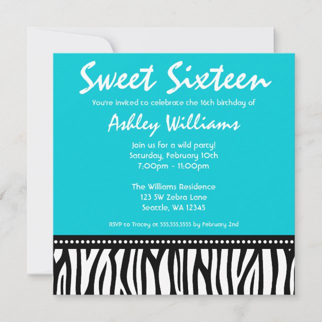 Teal Blue Zebra Sweet 16 Invitations (Front)