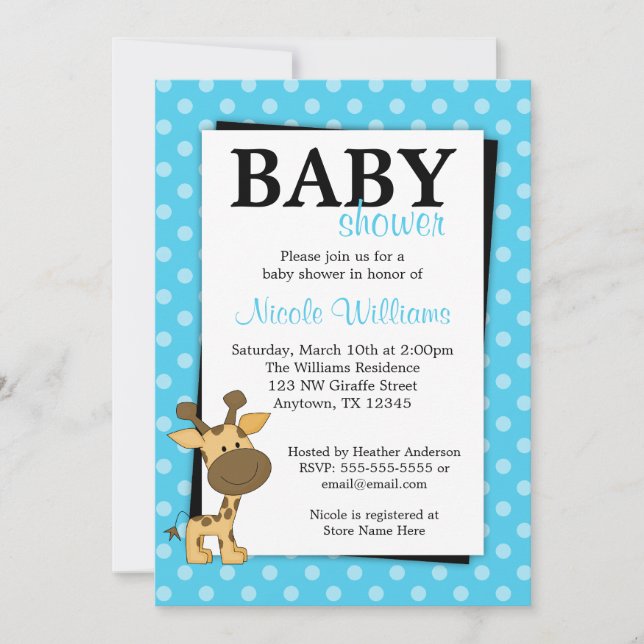 Teal BluePolka Dot Giraffe Baby Shower Invitations (Front)