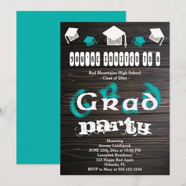 Teal Blurry Text for Graduation House Party Invitation (Front/Back)
