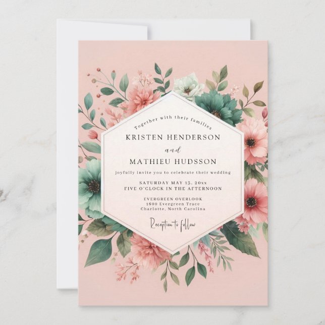 Teal Blush Aquarelle Wedding Invitation (Front)