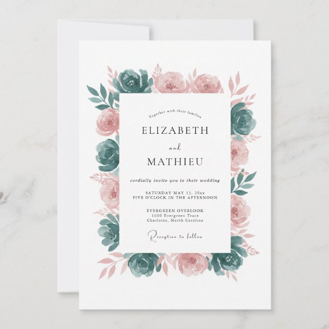 Teal Blush Elegant Botanical Wedding Invitation (Front)