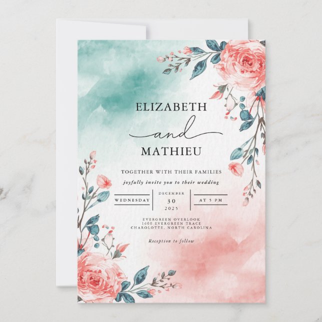 Teal Blush Floral Romance Wedding Invitation (Front)