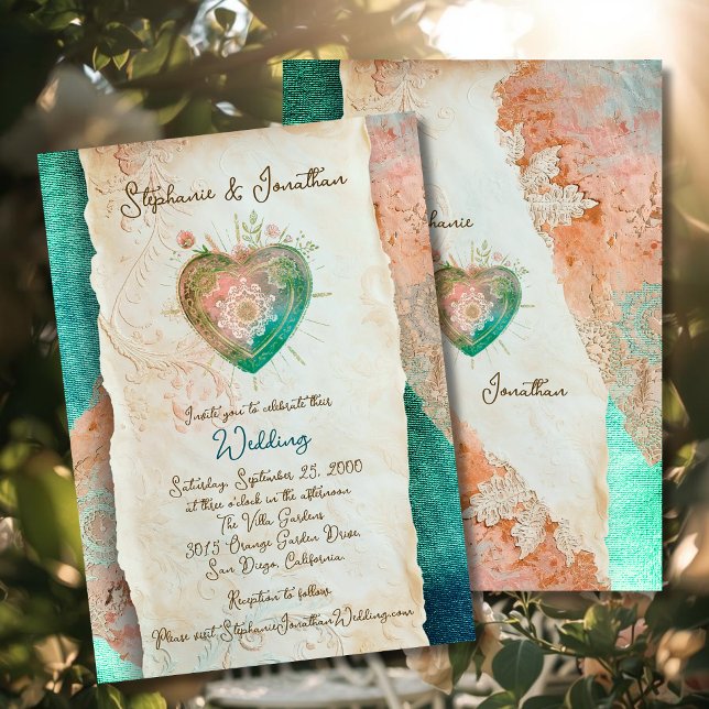 Teal Blush Lace Heart Baroque Romance Wedding Invitation (Creator Uploaded)