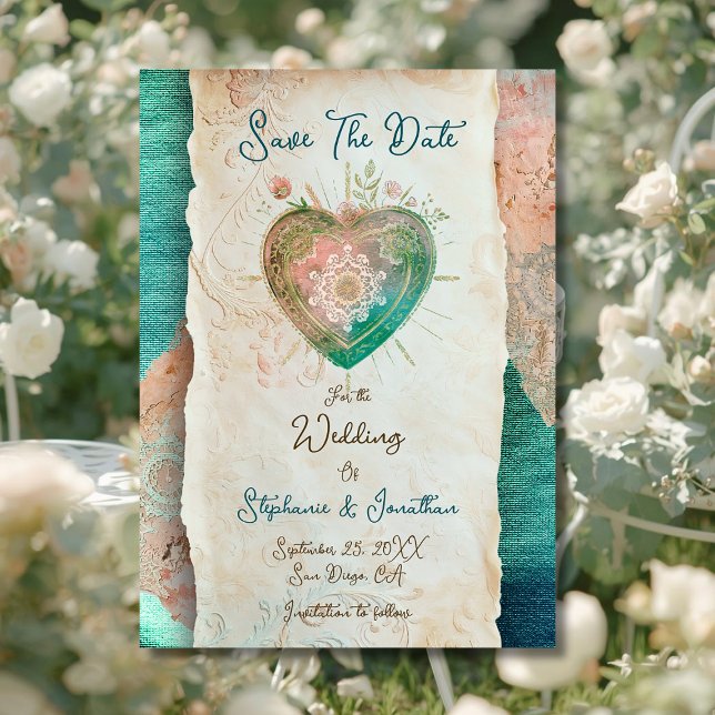 Teal Blush Lace Heart Baroque Save the Date (Creator Uploaded)