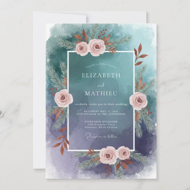 Teal Blush Leafy Wedding Invitation (Front)