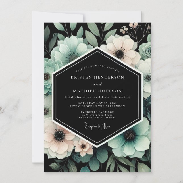 Teal & Blush Moody Floral Wedding Invitation (Front)