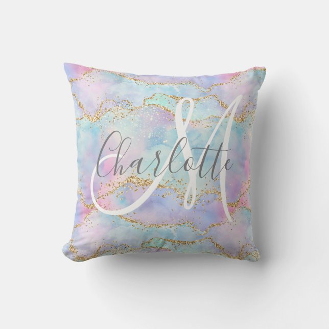 Teal blush pink gold glitter agate monogram  throw pillow (Front)