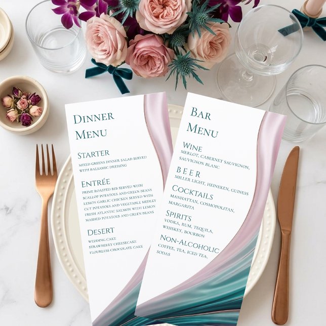 Teal & Blush Silk Wedding Dinner & Bar Menu (Teal & Blush Silk Wedding Dinner & Bar Menu)