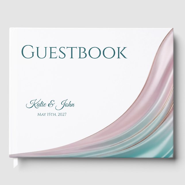 Teal & Blush Silk Wedding Personalized Guest Book (Front)