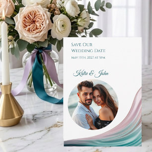 Teal & Blush Silk Wedding Save the Date with Photo