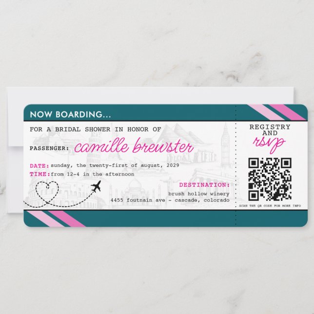 Teal Boarding Pass Bridal Shower Invitation (Front)