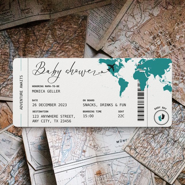 Teal Boarding Pass Travel Baby Shower Boy Invitation (Teal Boarding Pass Baby Shower invitation)