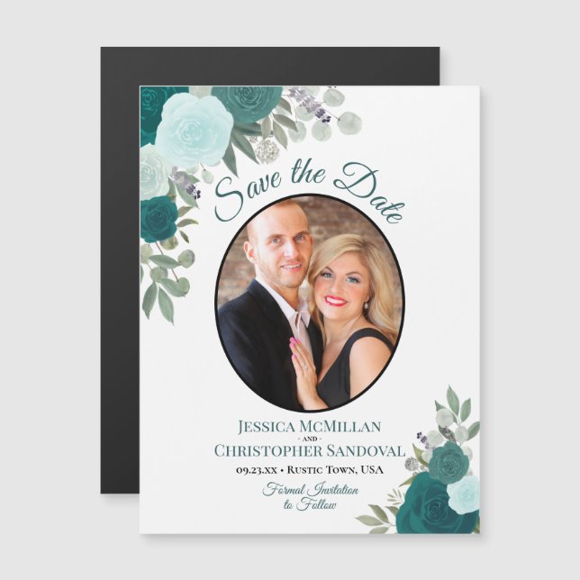 Teal Boho Floral & Photo Wedding Save the Date Magnetic Invitation (Front/Back)