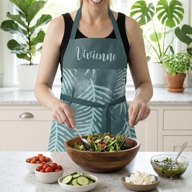 Teal Boho Tropical Leaf Apron Custom Name Monogram (Teal Boho Tropical Leaf Apron Custom Name Monogram)