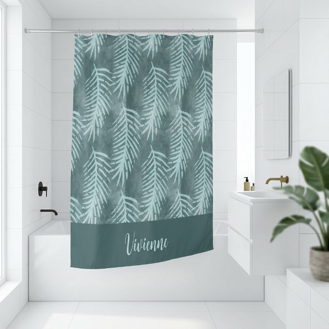 Teal Boho Watercolor Tropical Leaf Monogram (Teal Boho Watercolor Tropical Leaf Monogram Shower Curtain)