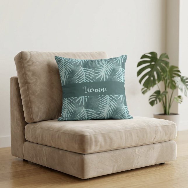 Teal Boho Watercolor Tropical Leaf Monogram Name Throw Pillow (Teal Boho Watercolor Tropical Leaf Monogram Name Throw Pillow)
