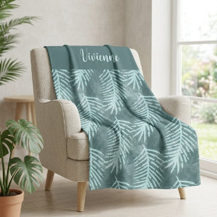Teal Boho Watercolor Tropical Leaf Name Fleece Blanket