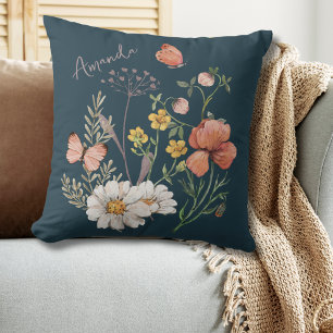 Teal Boho Wildflower Throw Pillow