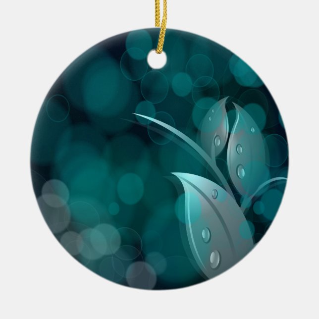 Teal Bokeh Leaves Ceramic Ornament (Front)