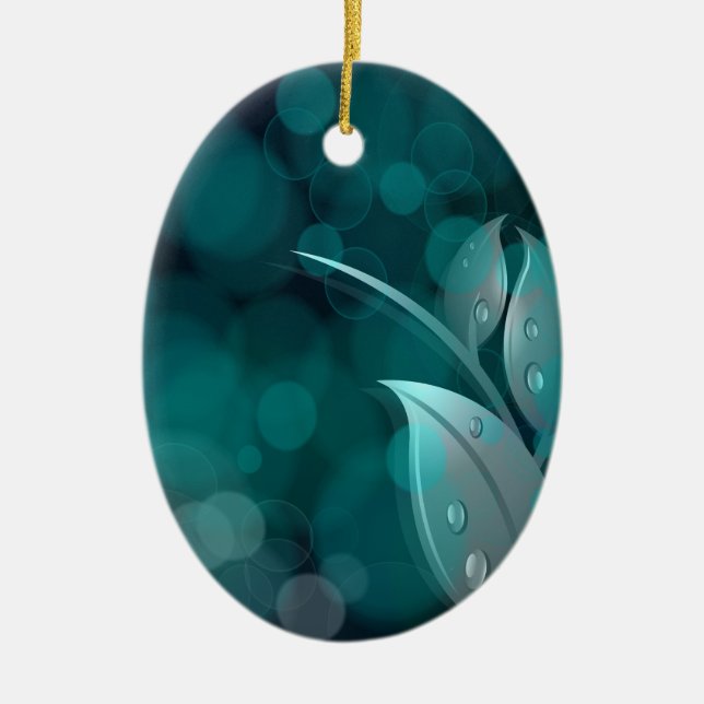 Teal Bokeh Leaves Ceramic Ornament (Front)