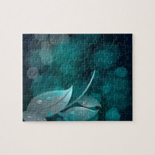 Teal Bokeh Leaves Jigsaw Puzzle