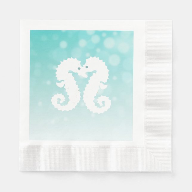 Teal Bokeh Seahorses Kissing Wedding Napkins (Front)