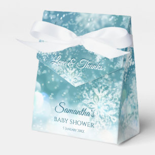 Teal bokeh snowflakes snow winter baby shower favor box