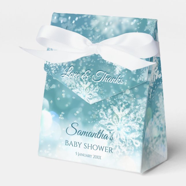 Teal bokeh snowflakes snow winter baby shower favor box (Front Side)