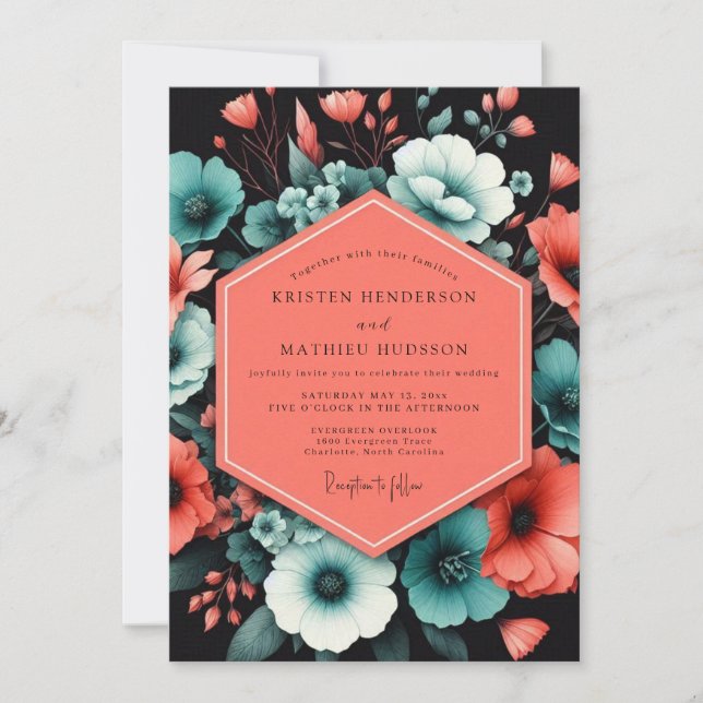 Teal Bold Bloom Wedding Invitation (Front)