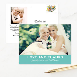 Teal Bold Love and Thanks Wedding Photo Postcard