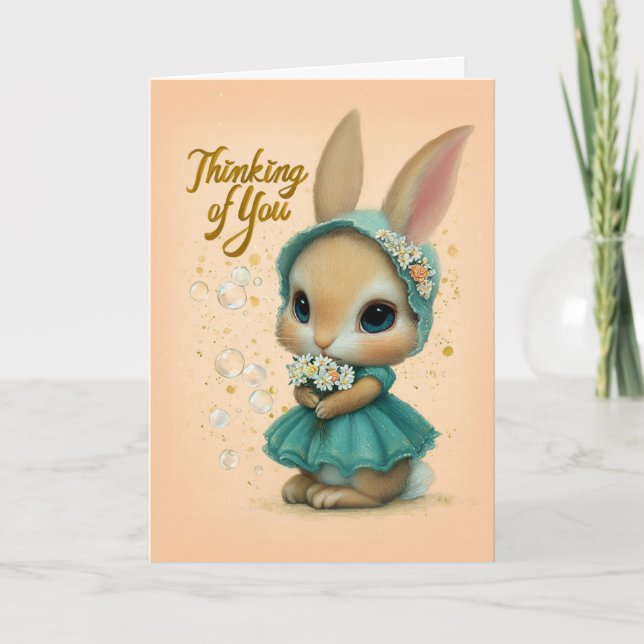 Teal Bonnet Baby Bunny Thinking of You Card (Front)