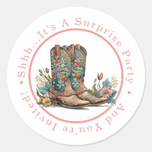 Teal Boots & Wildflowers Surprise Party Classic Round Sticker