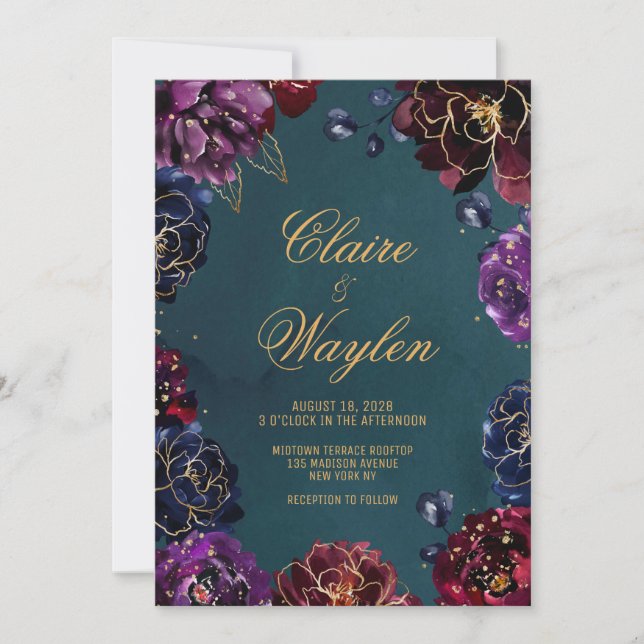 Teal Bordeaux Amethyst Jewel Tone Gold Wedding Invitation (Front)
