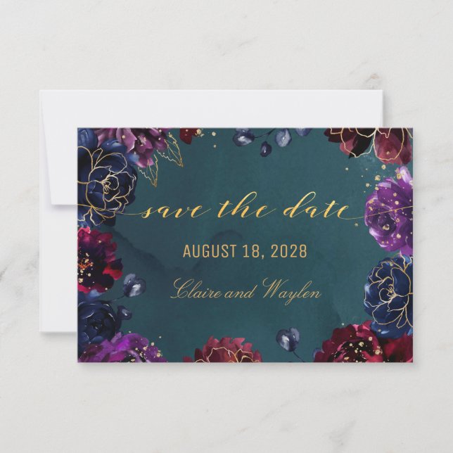 Teal Bordeaux Amethyst Jewel Tone Save The Date Invitation (Front)