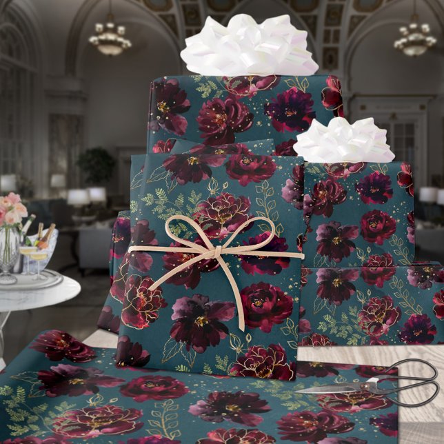 Teal Bordeaux Jewel Tone Burgundy Peony Wedding Wrapping Paper Sheet (Creator Uploaded)