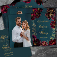 Teal Bordeaux Jewel Tone Photo Save The Date 2