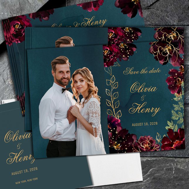 Teal Bordeaux Jewel Tone Photo Save The Date Invitation (Creator Uploaded)