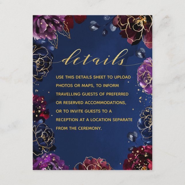 Teal Bordeaux Navy Blue Jewel Tone Details & RSVP Enclosure Card (Front)